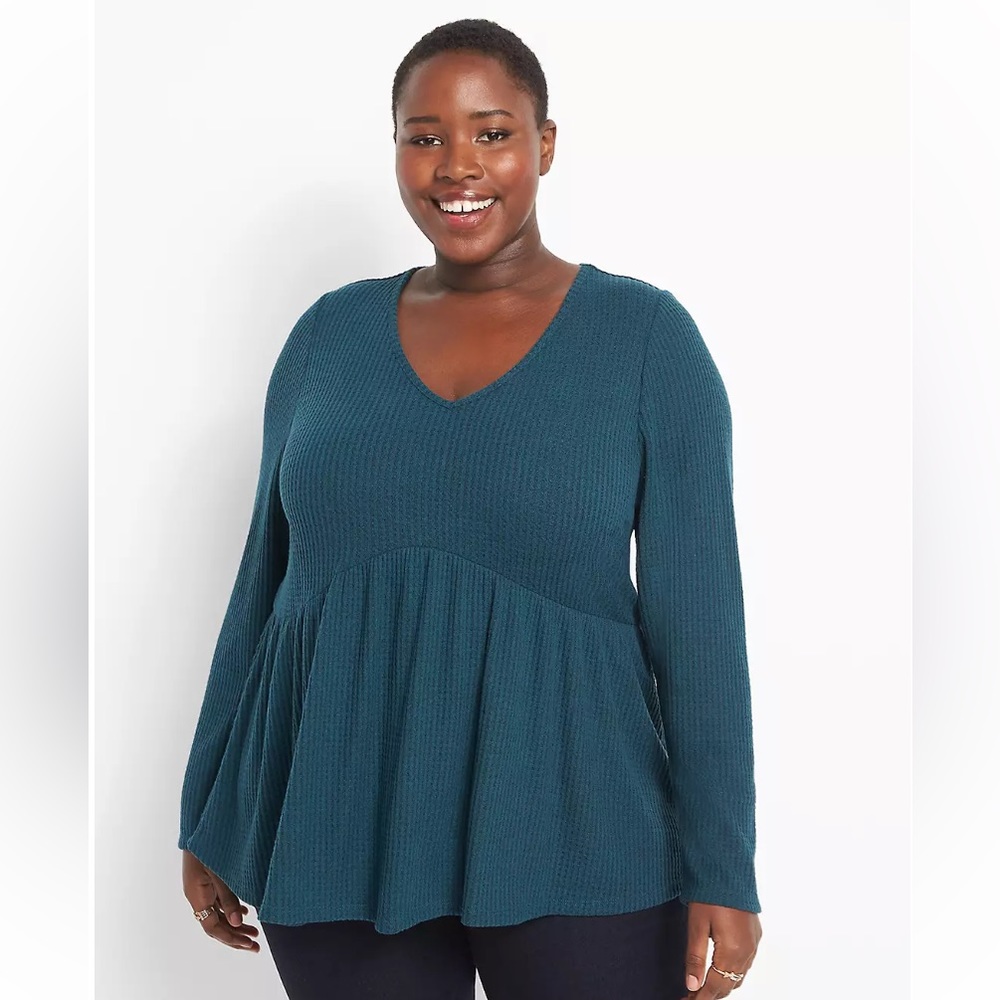 Lane Bryant Long Sleeve V Neck Baby Doll Waffle Top